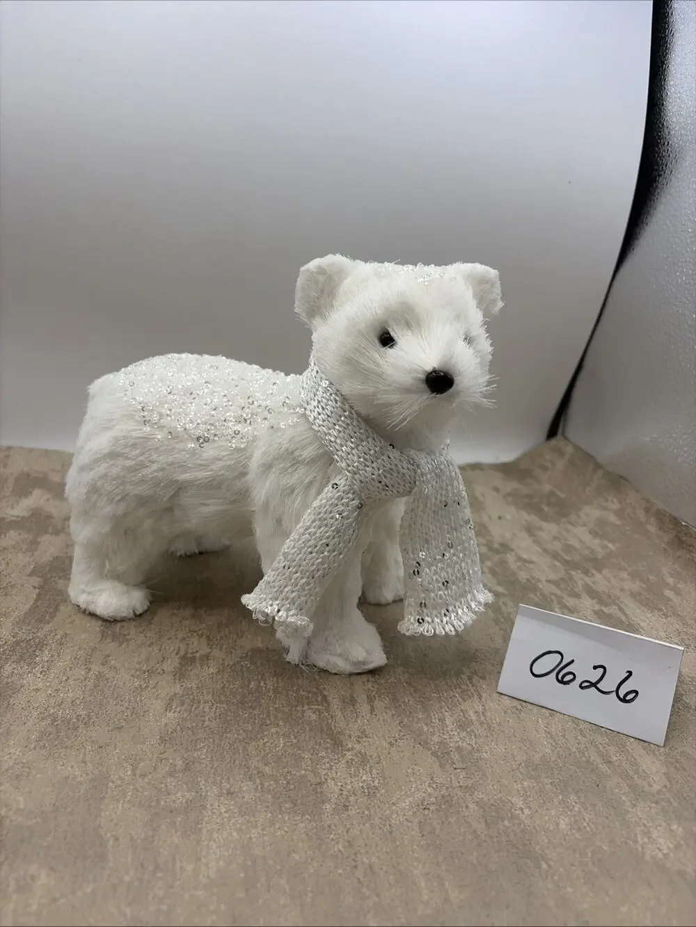 Vintage faux fur over paper mache Christmas white Polar Bear Silver Accents